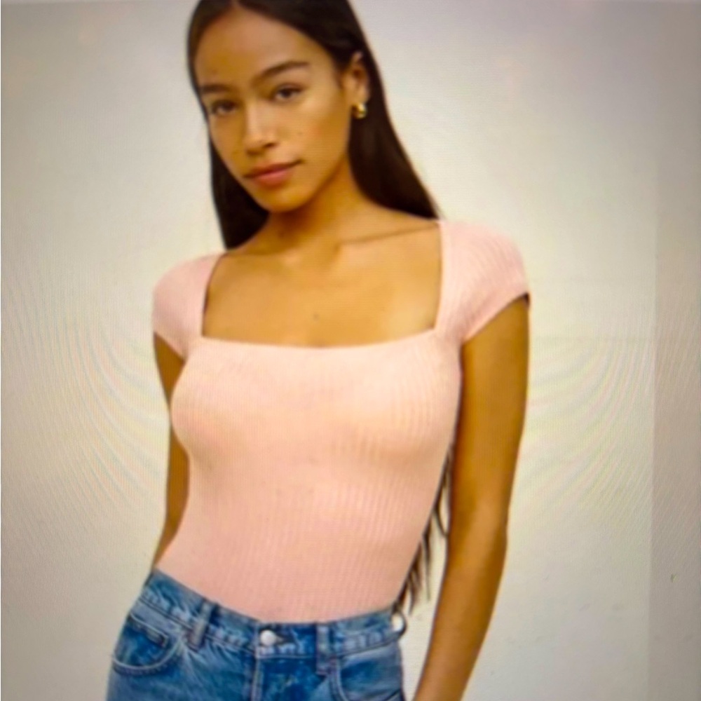 Reformation Pink Ribbed Square-Neck Bodysuit